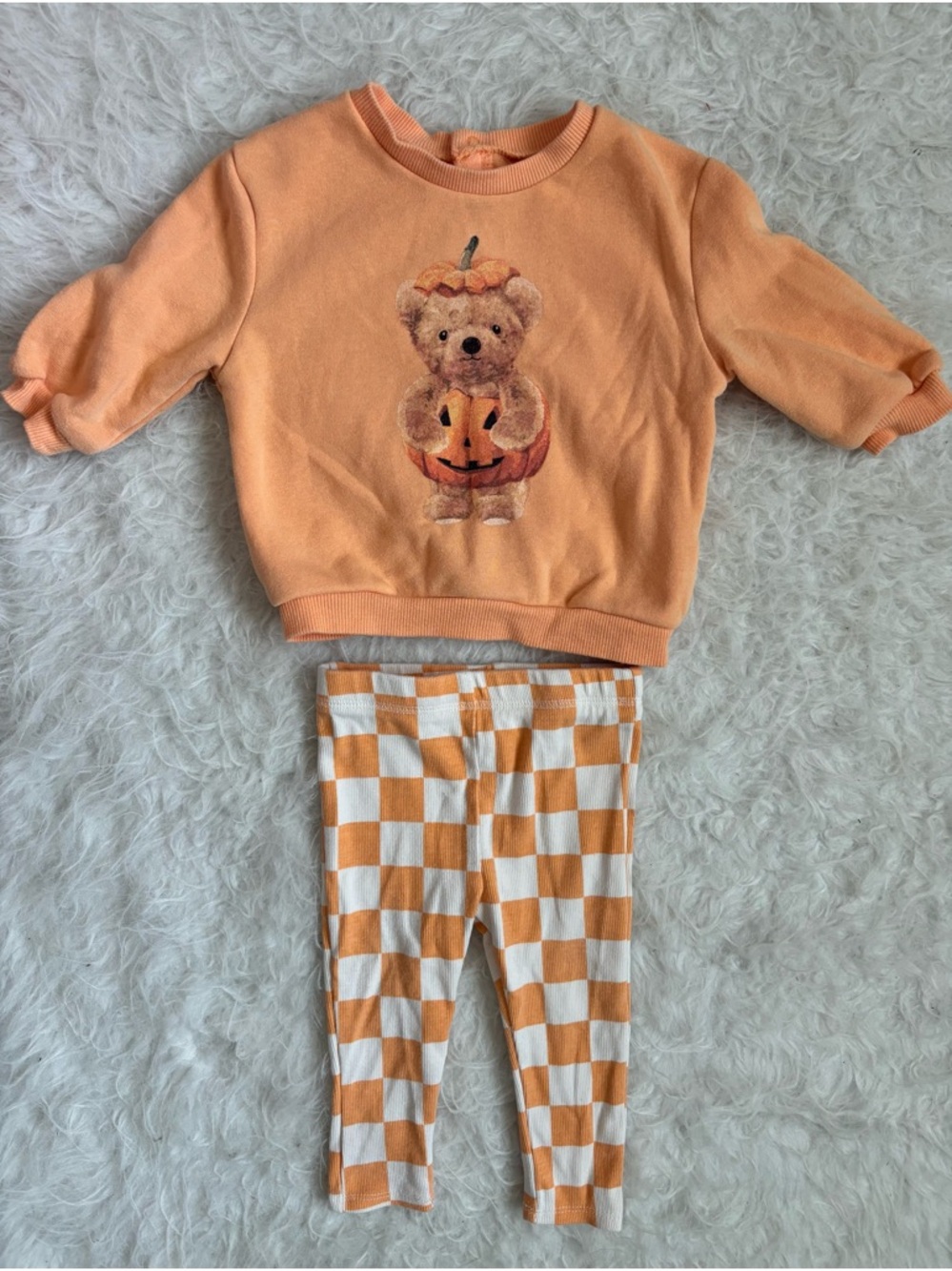 Gender Neutral Festive Orange Teddy Pumpkin Sweatshirt & Checkered Leggings Set